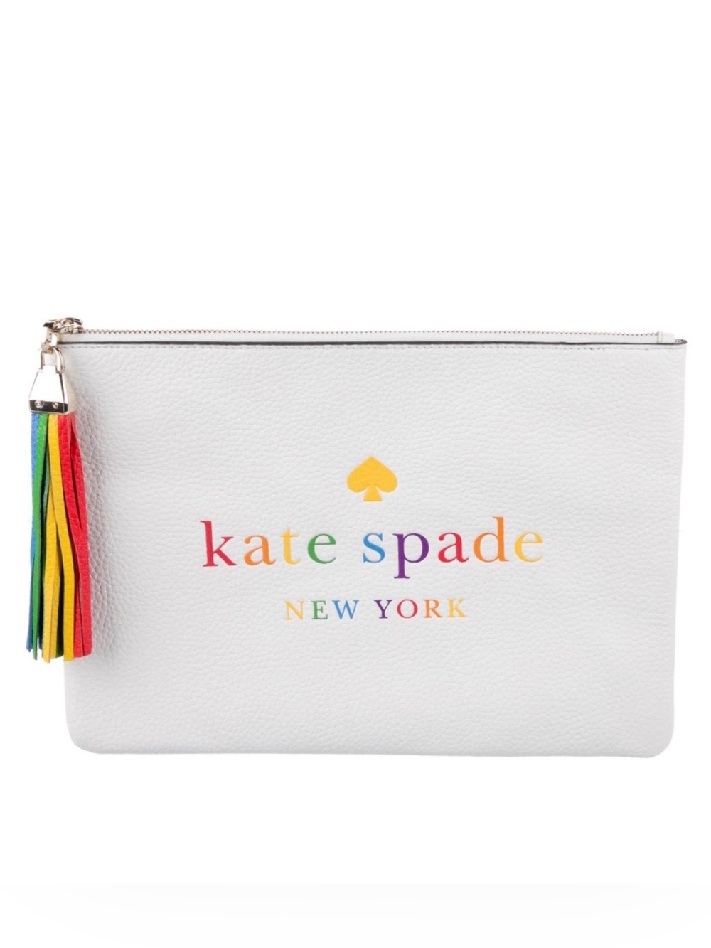 kate spade NWT Kourtney Pride Clutch, White with Rainbow Logo and Tassel